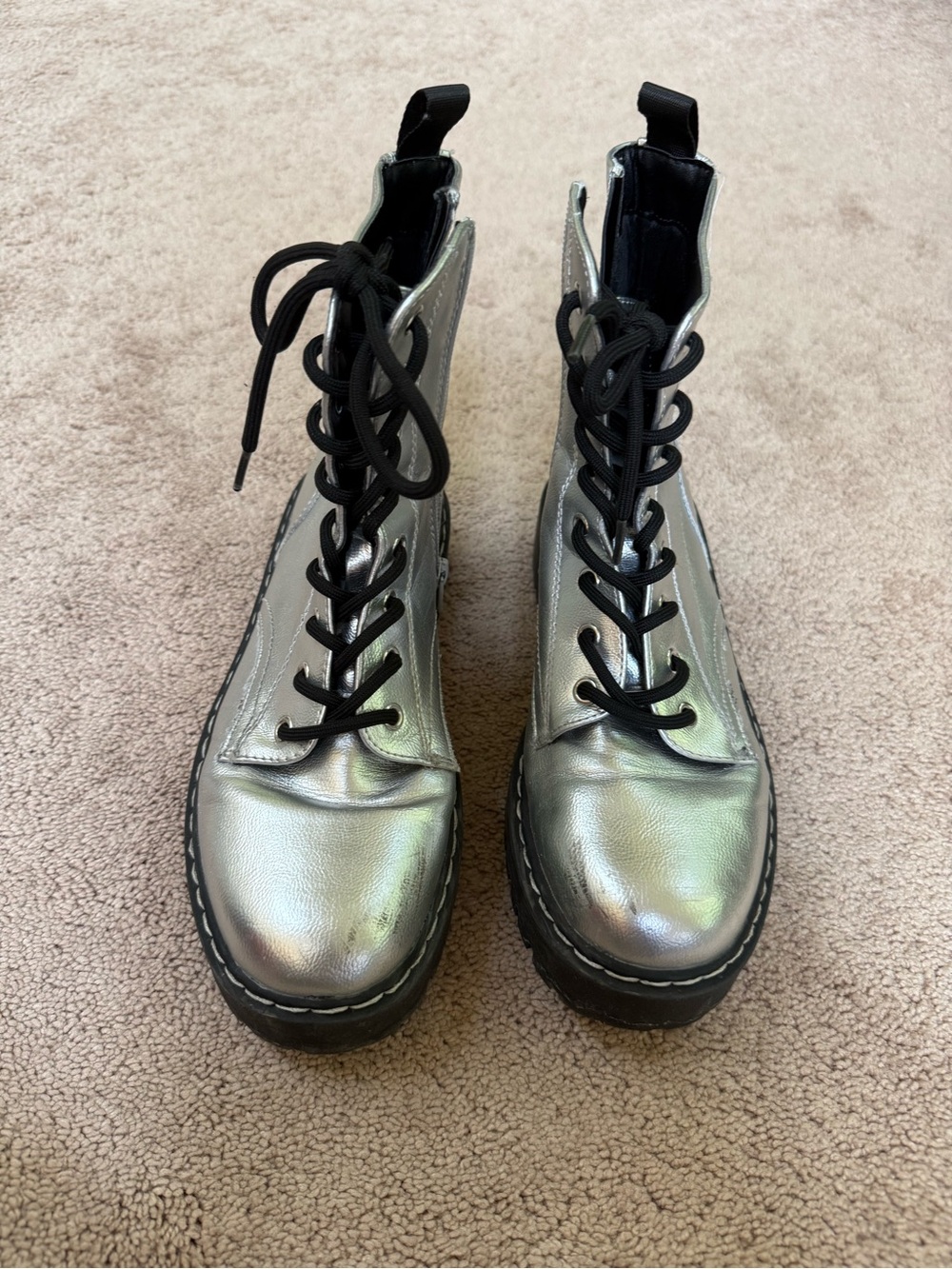Sincerly Jules Iridescent Silver Lace-Up Combat Boots